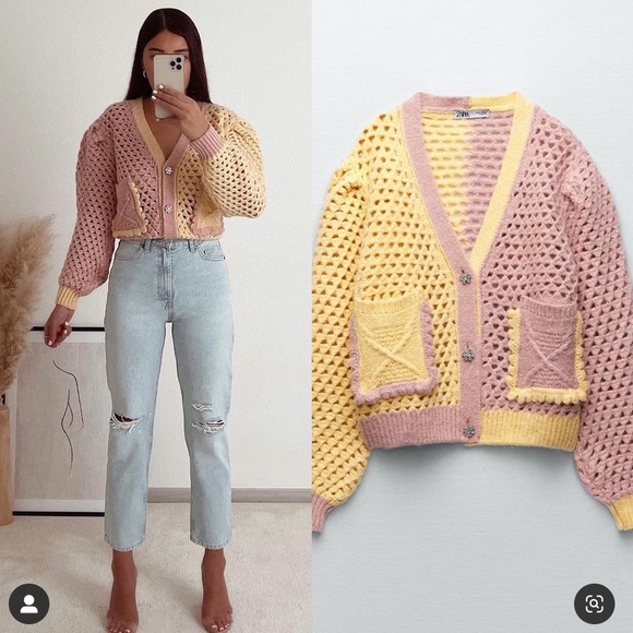 ZARA eyelet chunky knit oversized cardigan with jewel buttons - Picture 3 of 16